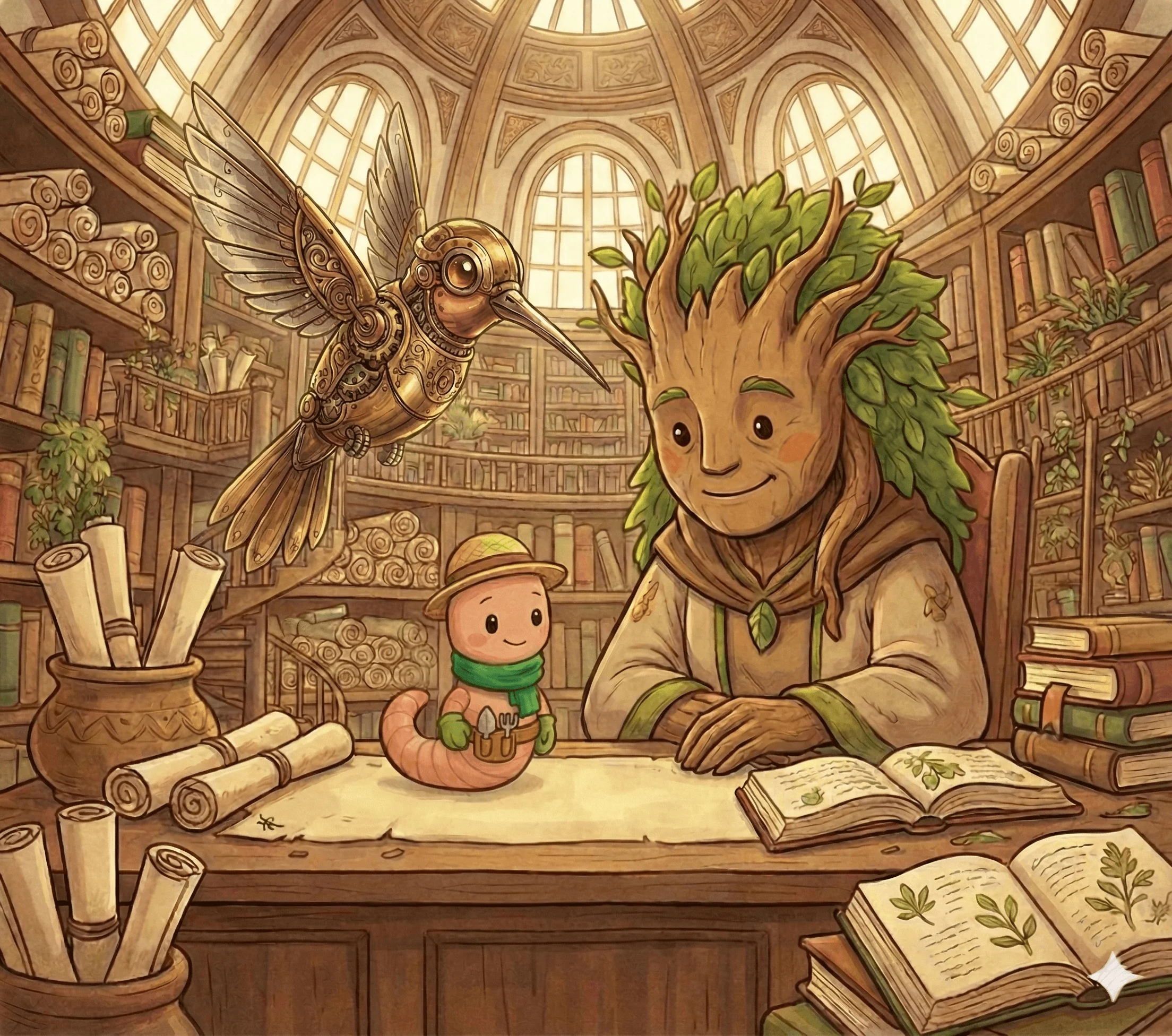 podrick and gilly back at the botanist's desk in the great library of plants